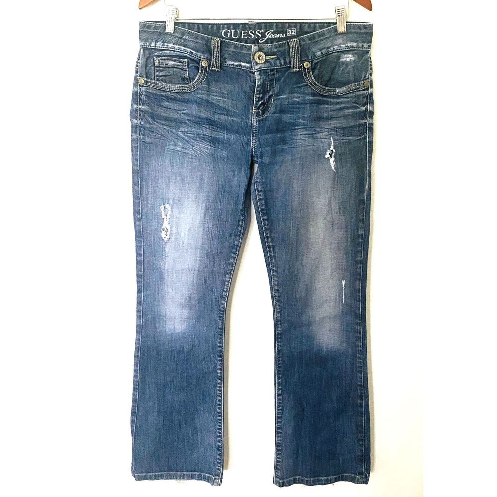 Guess Vintage Y2K Embroidered Mid Rise Distress Jeans Denim Straight Pants Sz 32